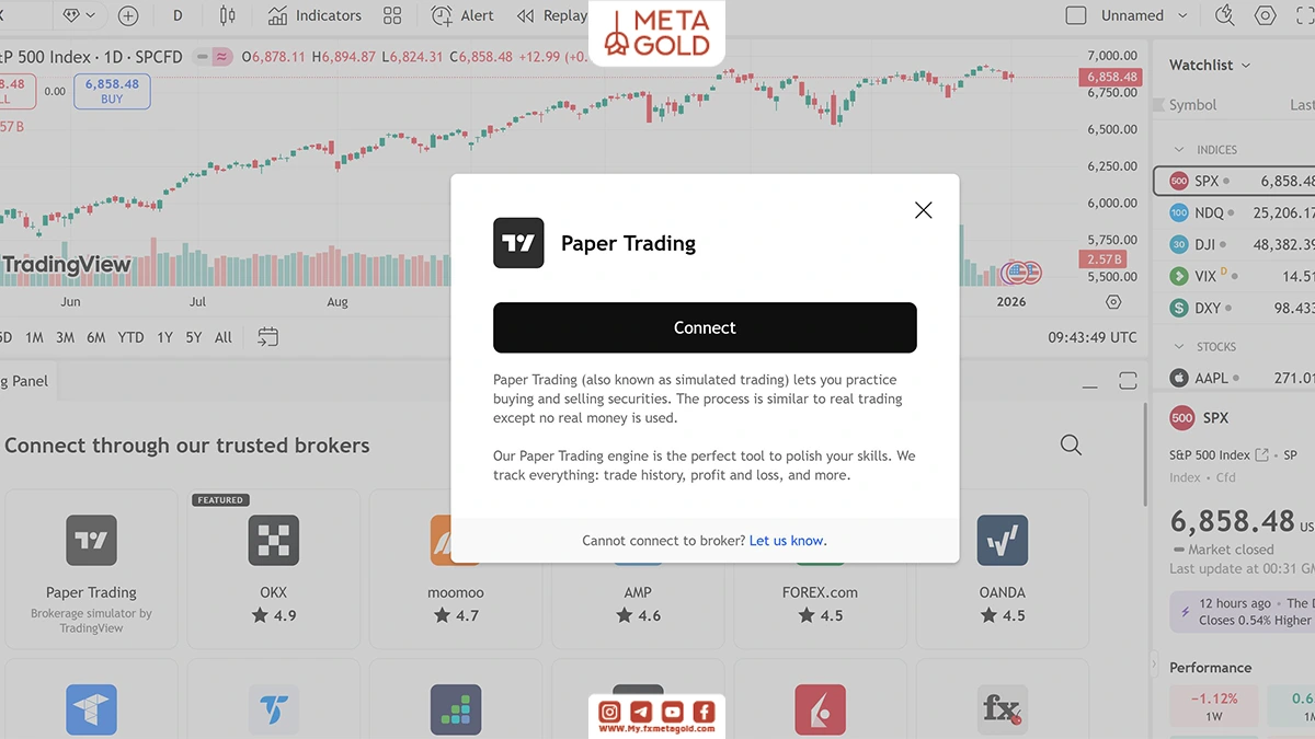 در میان لیست بروکرهای پیشنهادی، اولین گزینه یعنی Paper Trading by TradingView را انتخاب کنید.