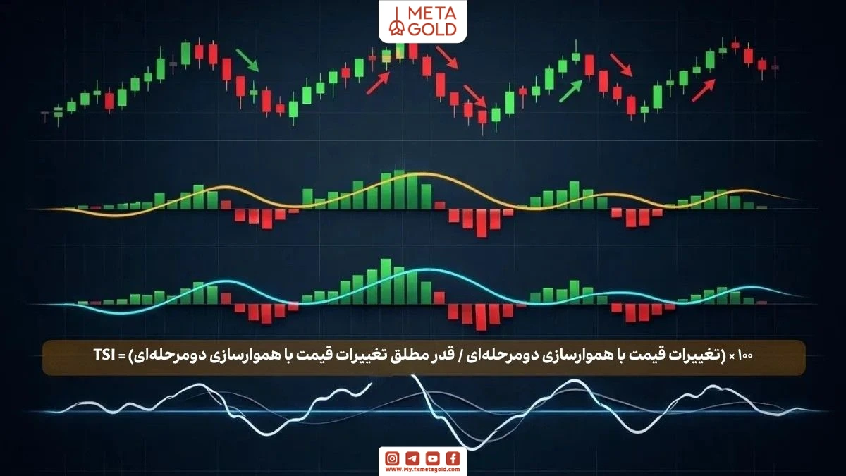 نمایش گرافیکی نحوه محاسبه اندیکاتور TSI شامل تغییرات قیمت، هموارسازی دوبل با میانگین متحرک نمایی (EMA) و نمایش نوسانگر قدرت مومنتوم بازار