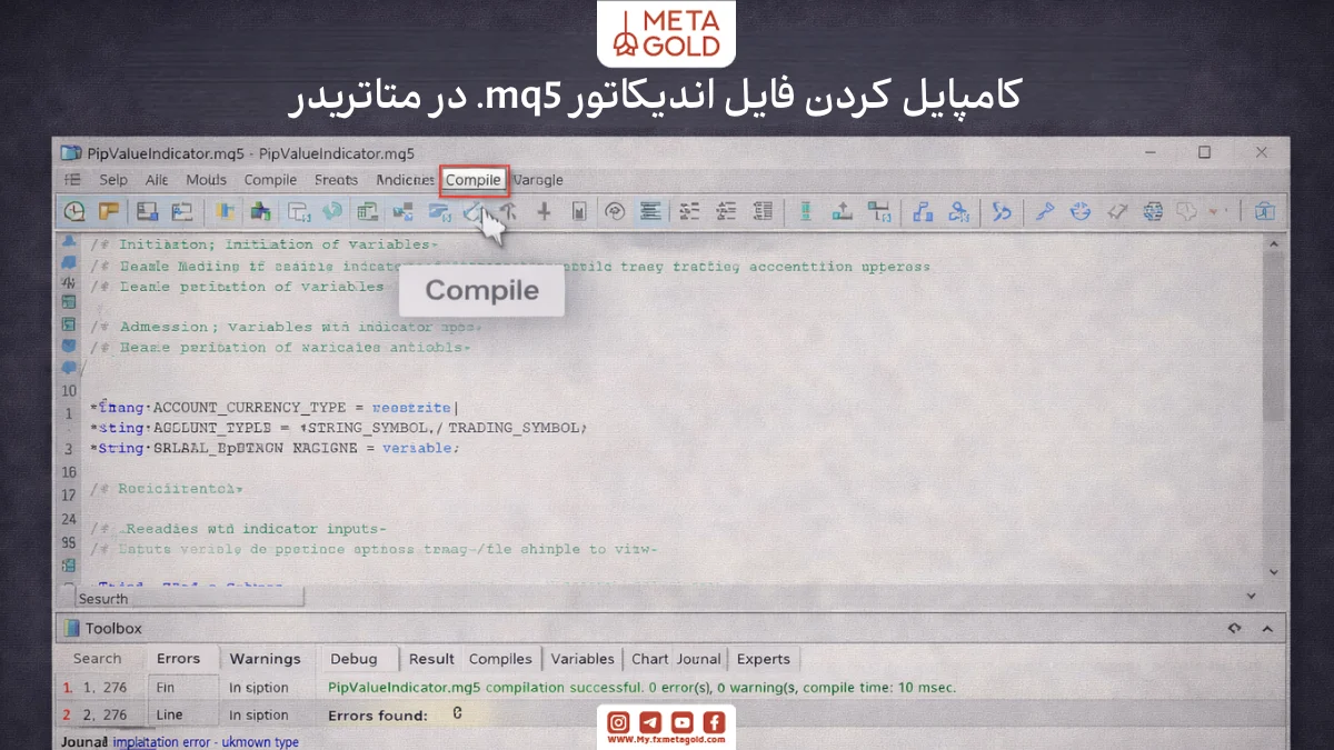آموزش کامپایل فایل mq5 اندیکاتور در متاادیتور متاتریدر ۵ و بررسی نمایش پیام 0 Errors پس از Compile
