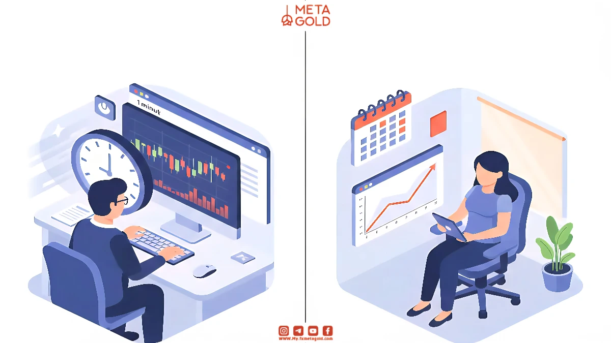 The difference in time management in trading; the left side shows instant and quick analysis in day trading and the right side shows a patient strategy in swing trading