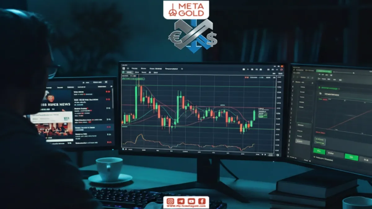 Image of a forex trader analyzing price fluctuations and liquidity on monitors to implement a day trading strategy.
