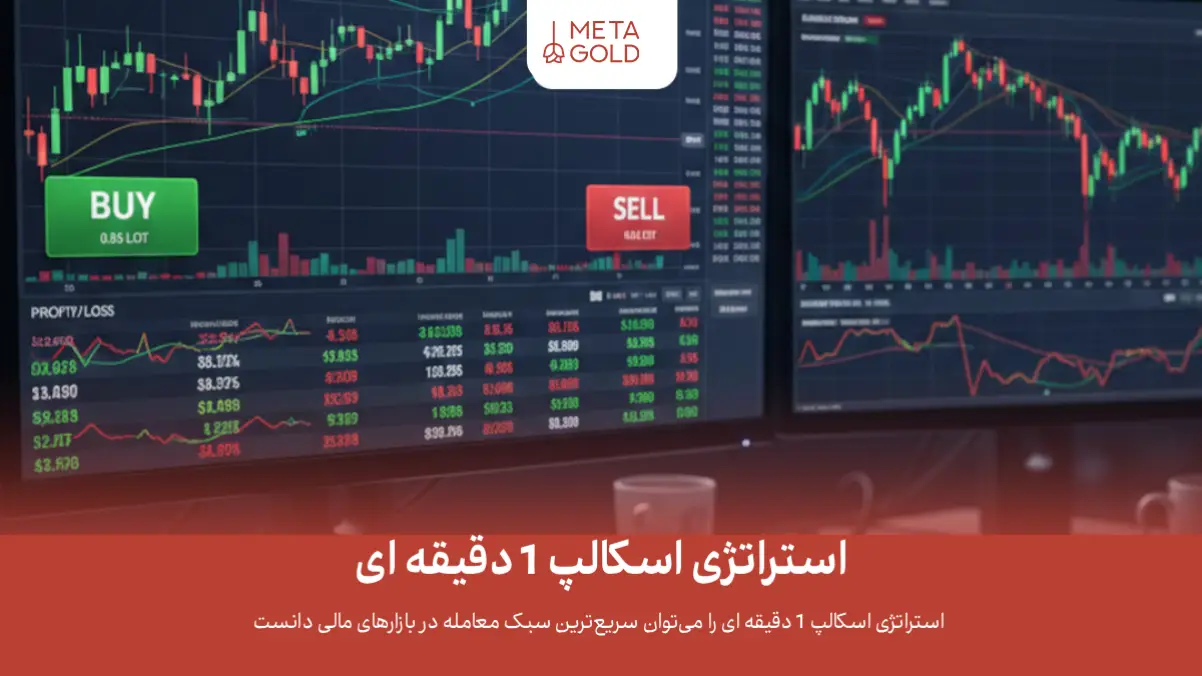 تصویر دو مانیتور با نمودارهای کندلی و دکمه‌های Buy و Sell؛ بنر آموزشی «اسکالپ ۱ دقیقه‌ای» با لوگوی MetaGold.