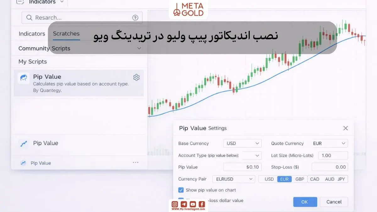 تصویر واقع‌گرایانه‌ای که نمودار TradingView را با نشانگر ارزش پیپ اضافه شده نشان می‌دهد و پنل تنظیمات را با پارامترهایی مانند پیپ، میکرولات و حد ضرر به دلار نمایش می‌دهد.