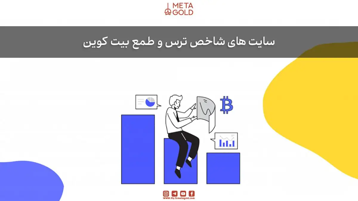 تصویر گرافیکی یک تحلیل‌گر در حال بررسی نمودارها و شاخص ترس و طمع برای بیت کوین همراه با اطلاعات و نمودارهای مرتبط با بازار ارزهای دیجیتال.