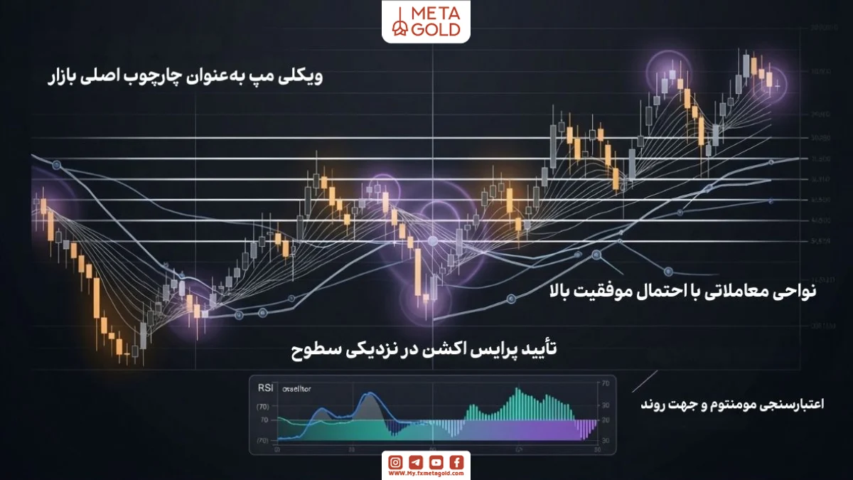 ترکیب اندیکاتور ویکلی مپ با پرایس اکشن، RSI، MACD و EMA برای افزایش دقت تحلیل و معاملات کم‌ریسک‌تر 