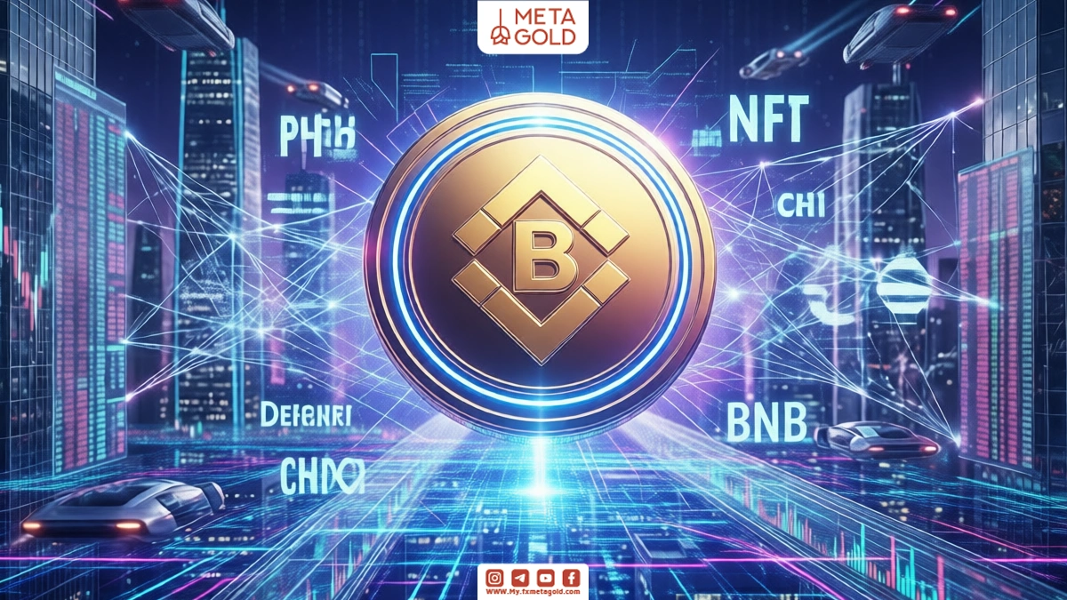 Binance Coin BNB shines, symbolizing the Binance ecosystem and DeFi and GameFi projects with neon lighting and an attractive 3D digital effect