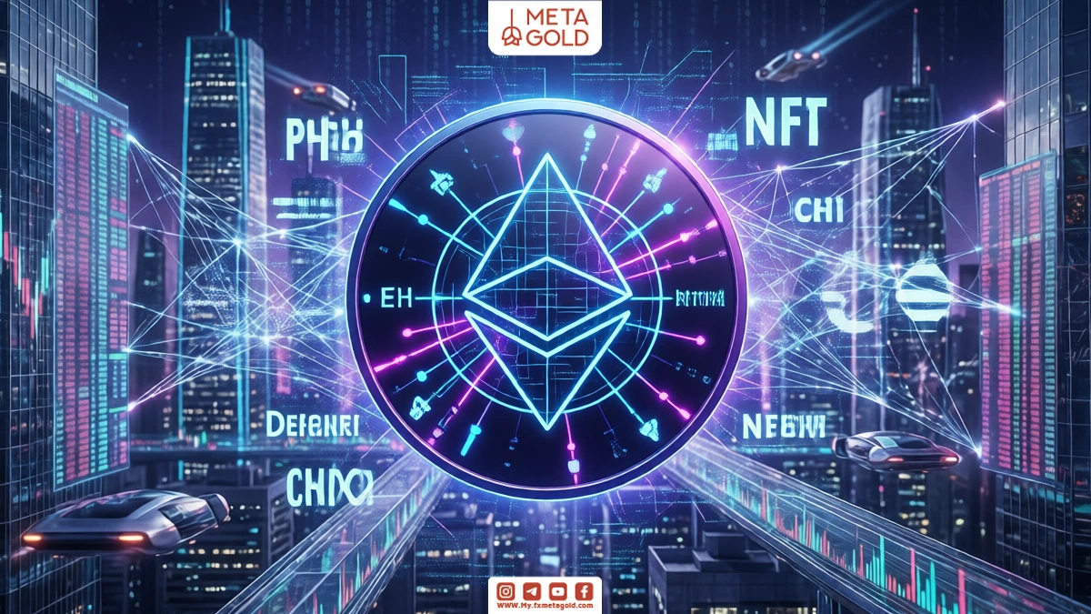 Ethereum illustration with glowing 3D icon, DeFi and NFT symbols, neon digital background and modern and dynamic blockchain network