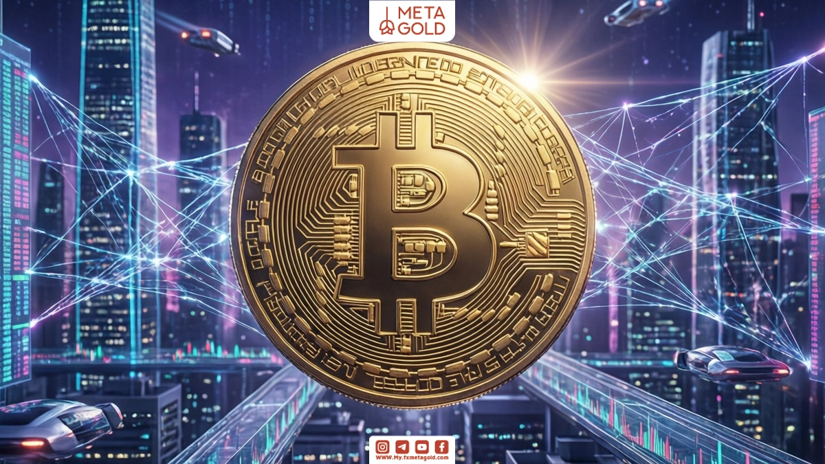 Golden Bitcoin shining above futuristic digital financial city, with luminous grids, neon highlights and 3D cinematic depth 
