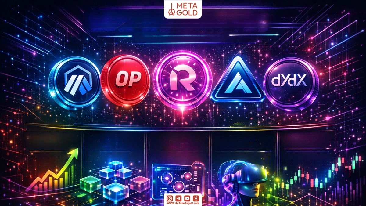 Infographic of the best low-cap cryptocurrencies to invest in with little money, including ARB, OP, RNDR, GMX, and DYDX, with a focus on growth and DeFi