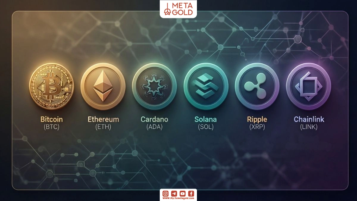 Infographic of the best long-term cryptocurrencies 2030 including BTC, ETH, ADA, SOL, XRP and LINK with a focus on fundamental value and network adoption