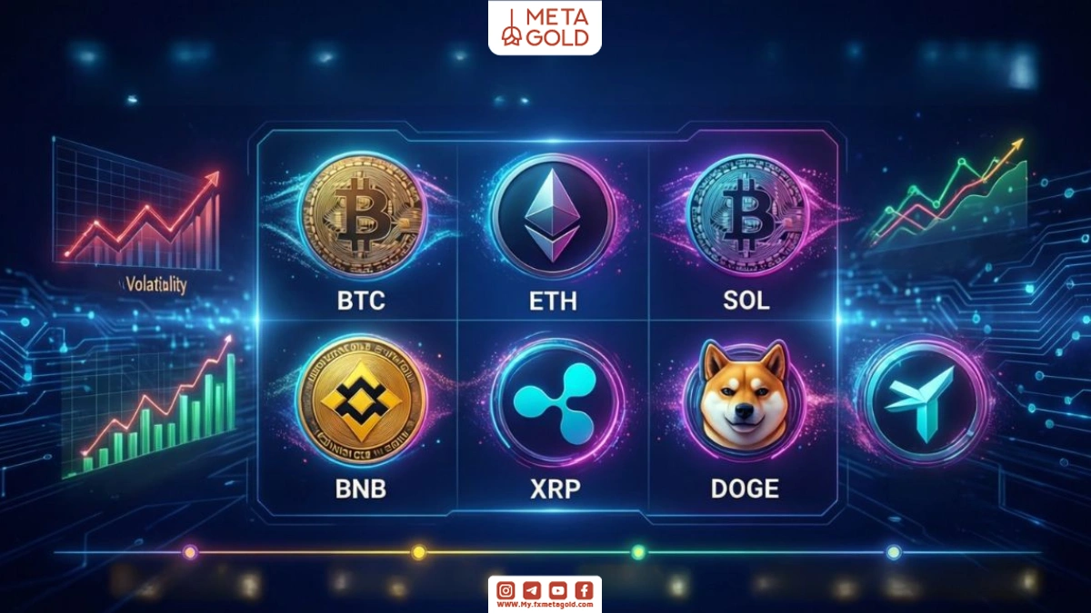 Short-term infographic of the best cryptocurrencies of 2026 including BTC, ETH, SOL, BNB, XRP, DOGE and USDT with a focus on liquidity and volatility