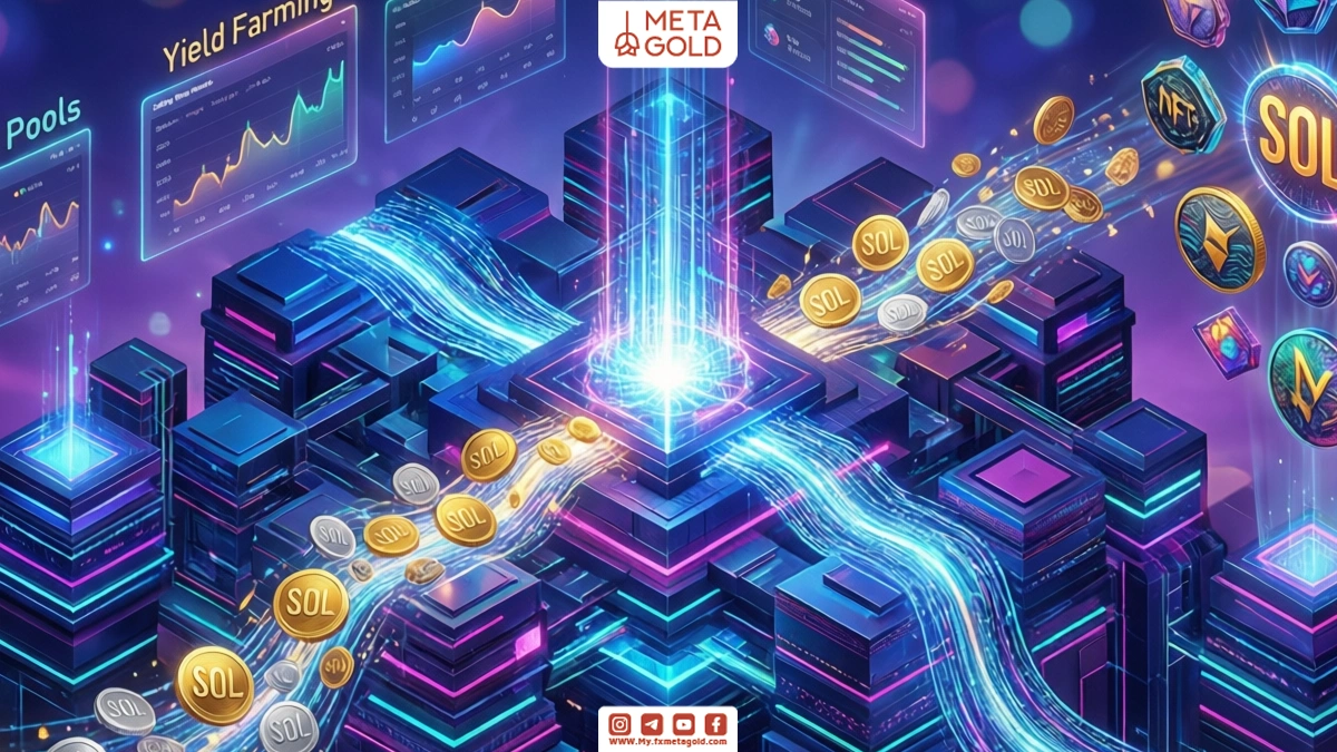 Solana SOL, a high-speed blockchain with fast transactions and DeFi and NFT activity, a brilliant node network and an attractive isometric digital design