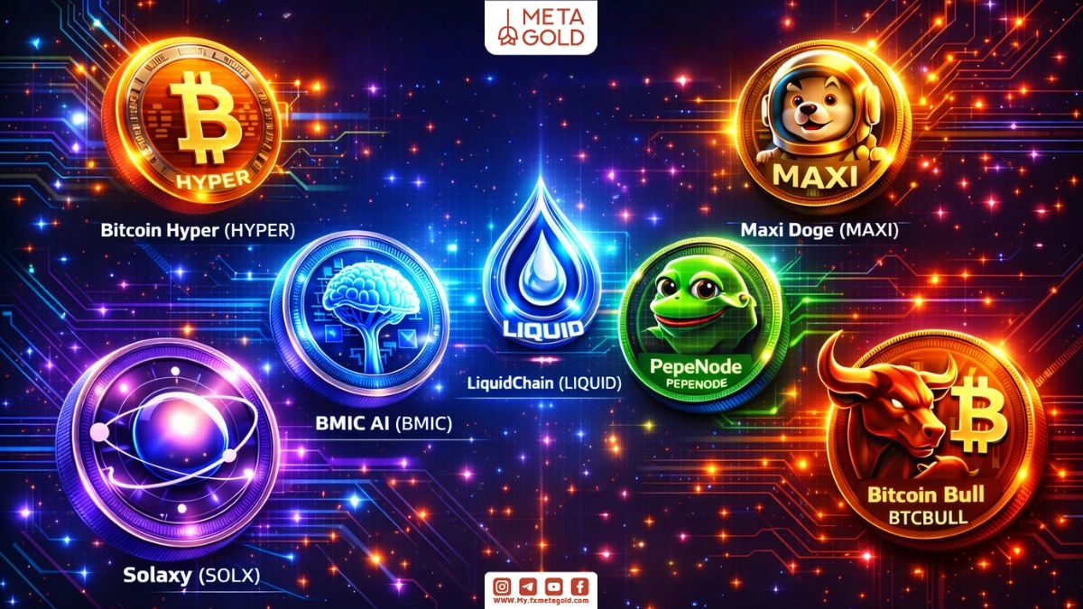 Infographic of the latest promising cryptocurrencies including HYPER, MAXI, BMIC, LIQUID, PEPENODE, SOLX and BTCBULL with a focus on innovation and community-centricity
