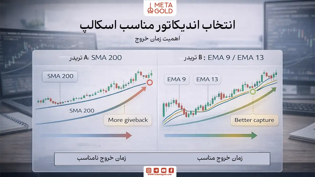 Photorealistic infographic on the importance of choosing the right indicator in scalping, comparing the late exit of the SMA 200 and the faster exit of the EMA 9 or EMA 13 when the price changes direction.