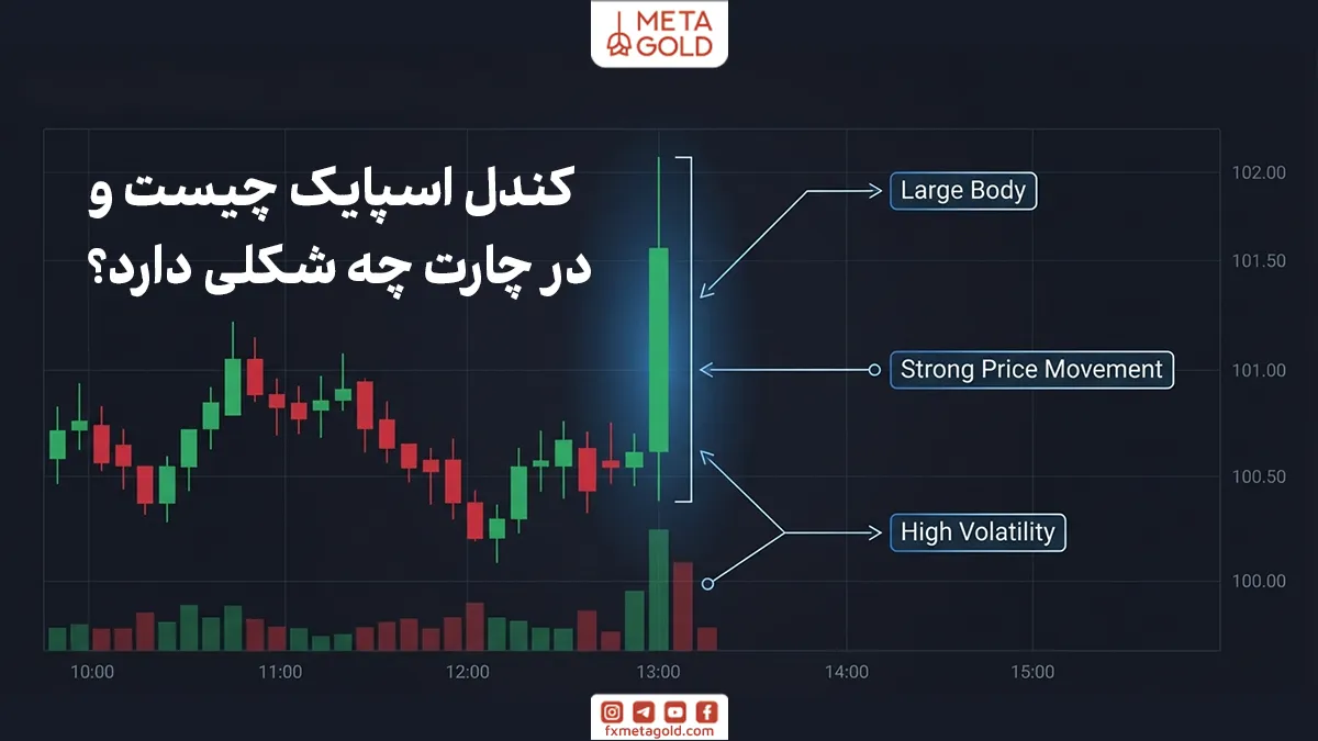 در نمودارهای قیمتی، اسپایک معمولاً در قالب یک کندل غیرعادی ظاهر می‌شود که اندازه آن نسبت به کندل‌های اطراف بسیار بزرگ‌تر است. به چنین کندلی کندل اسپایک گفته می‌شود. این کندل نشان می‌دهد که در یک بازه زمانی کوتاه، فشار خرید یا فروش به‌طور ناگهانی افزایش پیدا کرده است.