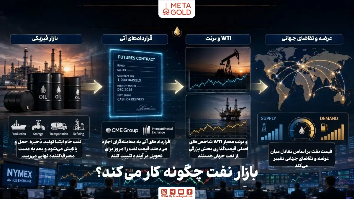 اینفوگرافیک آموزشی بازار نفت با نمایش روند معامله نفت خام، قراردادهای آتی، شاخص‌های WTI و برنت، مسیرهای تجارت جهانی و تاثیر عرضه و تقاضا در فضای حرفه‌ای بورس و بازارهای مالی جهانی