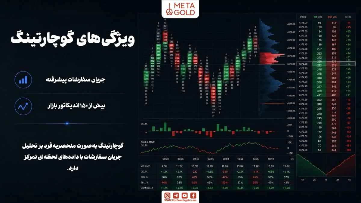ویژگی‌های گوچارتینگ برای تحلیل جریان سفارشات، نمایش حجم معاملات، دلتای بازار، اندیکاتورهای معاملاتی و ابزارهای پیشرفته بررسی داده‌های لحظه‌ای بازار مالی