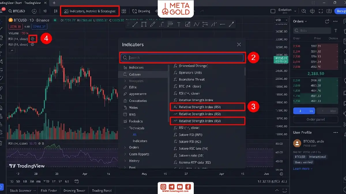آموزش مدیریت اندیکاتور RSI در تریدینگ ویو از بخش Indicators، جست‌وجوی اندیکاتور و دسترسی به تنظیمات آن روی چارت.