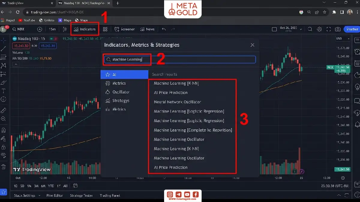 آموزش جست‌وجوی اندیکاتورهای Machine Learning و AI در بخش Indicators تریدینگ ویو برای افزودن ابزارهای هوش مصنوعی به چارت.