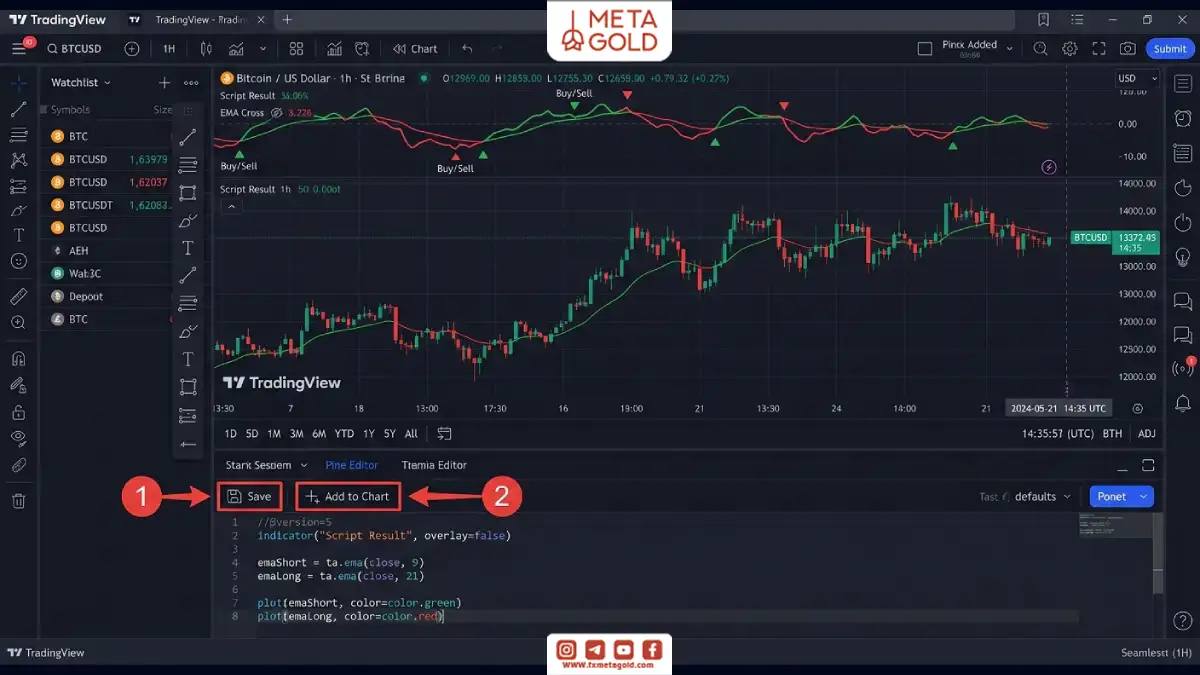 آموزش ذخیره و افزودن اسکریپت Pine Script به چارت تریدینگ ویو با گزینه‌های Save و Add to Chart برای نمایش اندیکاتور روی نمودار.