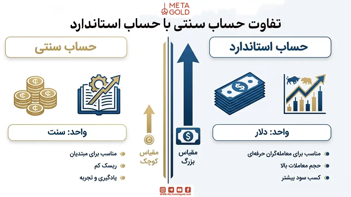 اینفوگرافیک مقایسه حساب سنتی و استاندارد در فارکس؛ نمایش تفاوت مقیاس مالی، مناسب بودن برای مبتدیان و حرفه‌ای‌ها، و ویژگی‌های هر حساب در پلتفرم معاملاتی