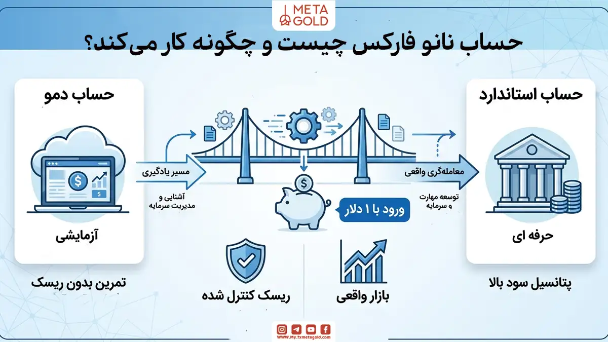 حساب نانو فارکس چیست و چگونه کار می‌کند؟ اینفوگرافیک مقایسه حساب دمو و حساب استاندارد، با نمایش مسیر یادگیری، ورود با ۱ دلار، ریسک کنترل‌شده و بازار واقعی.