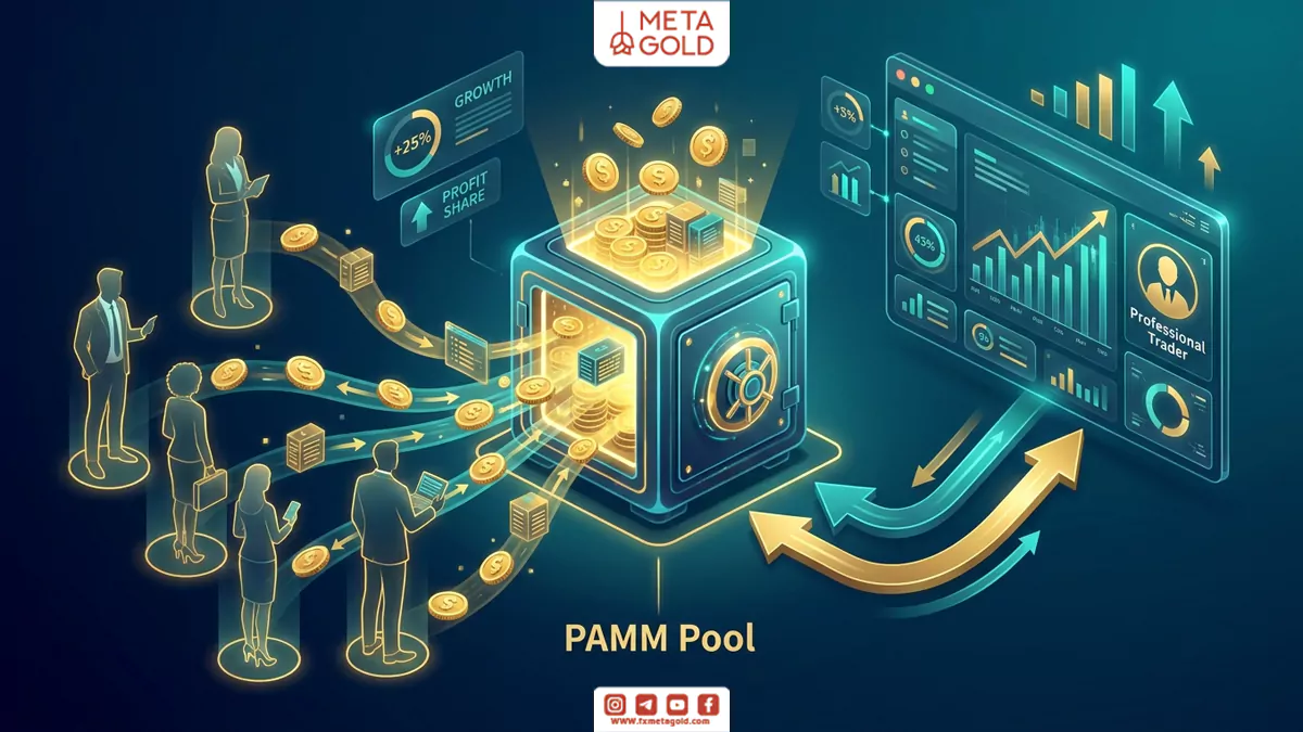 اینفوگرافیک مفهوم سبد پم (PAMM Pool) که نشان می‌دهد چگونه سرمایه‌گذاران مختلف سرمایه خود را به یک صندوق مشترک واریز کرده و تریدر حرفه‌ای آن را مدیریت می‌کند.