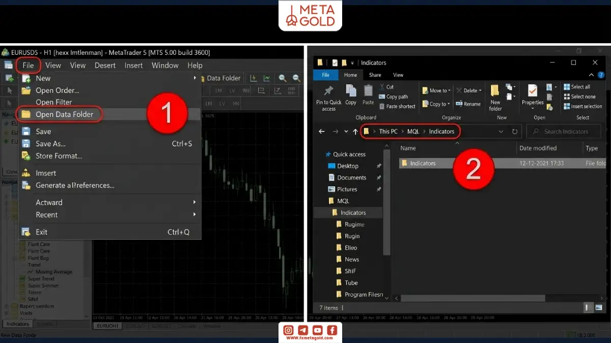 آموزش دسترسی به مسیر Open Data Folder و پوشه MQL5 Indicators در متاتریدر برای نصب اندیکاتور ROC.