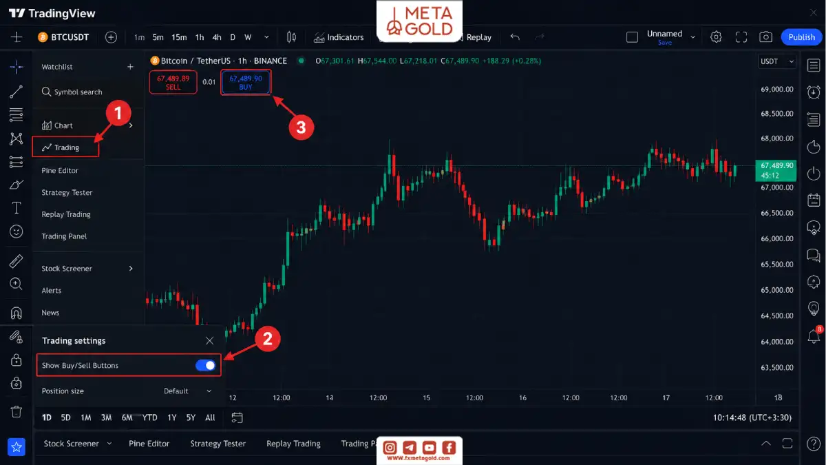 فعال‌سازی دکمه‌های خرید و فروش از بخش تنظیمات Trading در تریدینگ ویو