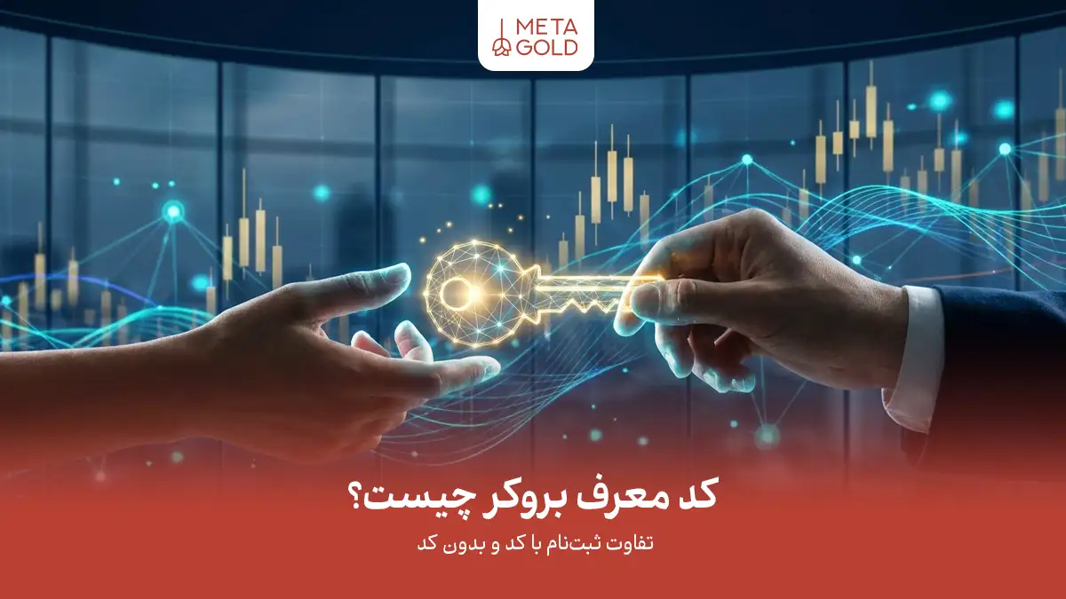 تصویر مفهومی کد معرف بروکر با تحویل کلید دیجیتال میان دو نفر در پس‌زمینه نمودارهای معاملاتی فارکس